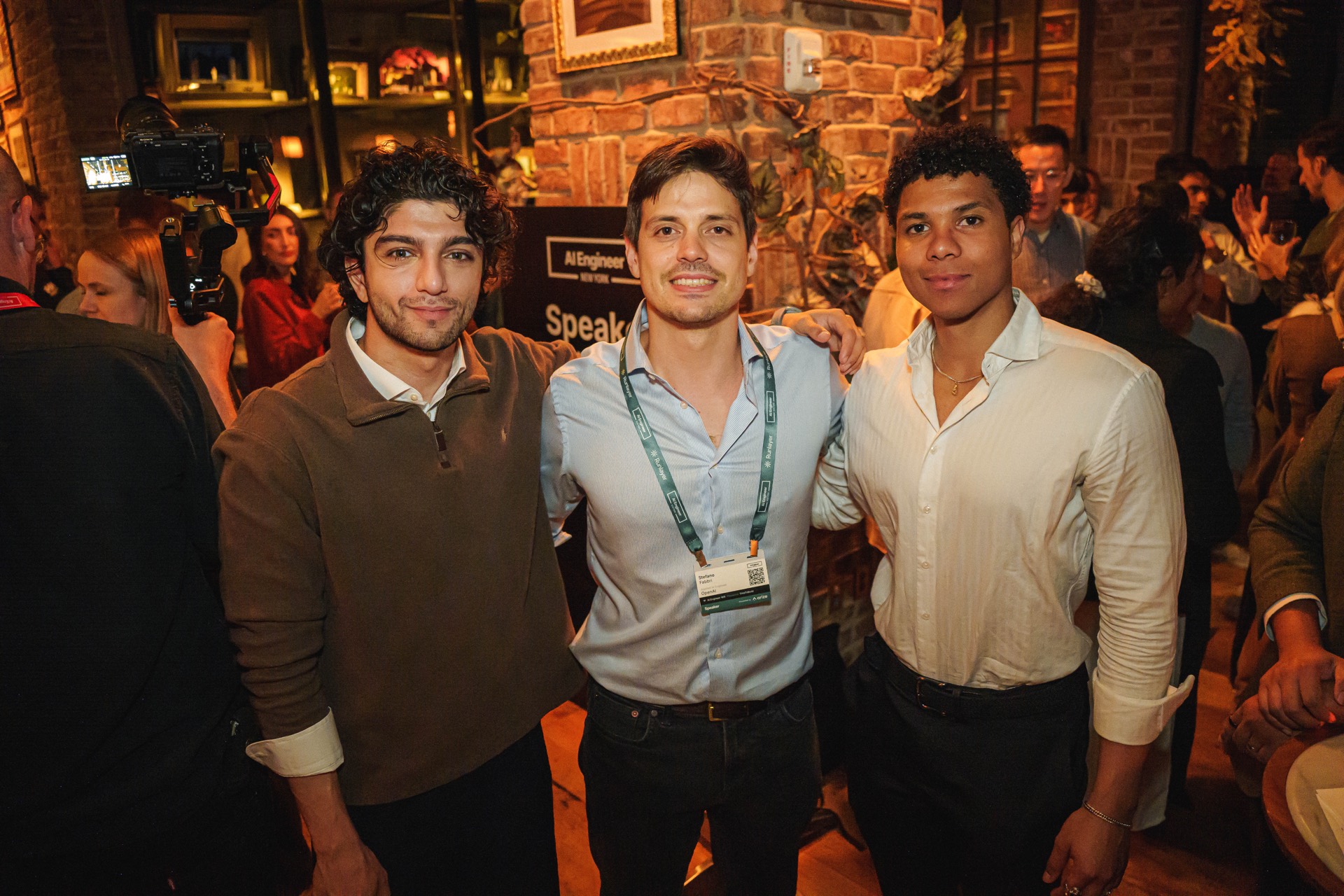 Affaan Mustafa and Alejandro Soumah Fernandez with Stefano Fabbri from OpenAI at the AI Engineer reception.